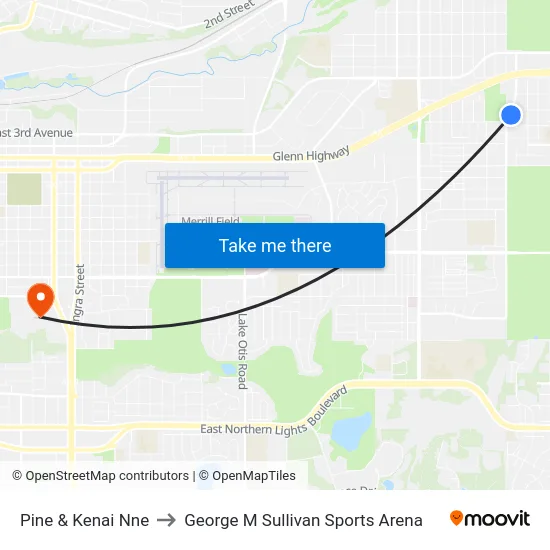 Pine & Kenai Nne to George M Sullivan Sports Arena map