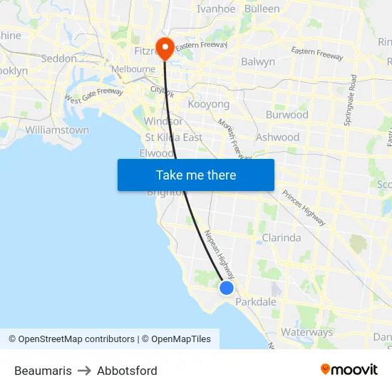 Beaumaris to Abbotsford map