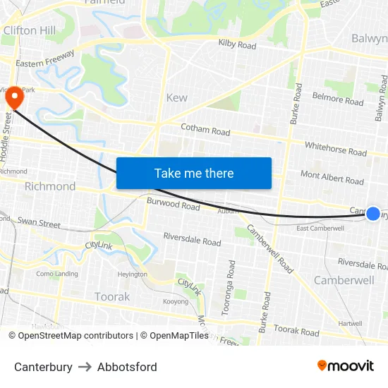 Canterbury to Abbotsford map