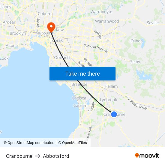 Cranbourne to Abbotsford map