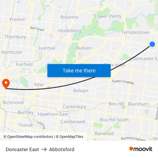 Doncaster East to Abbotsford map