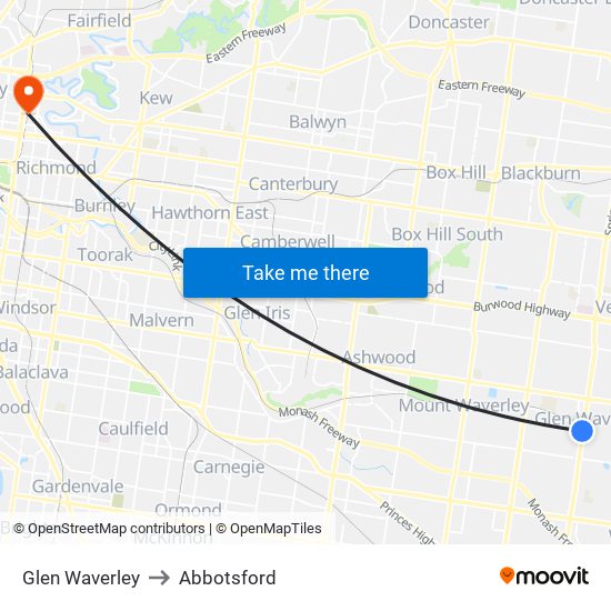 Glen Waverley to Abbotsford map