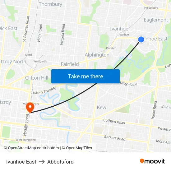 Ivanhoe East to Abbotsford map