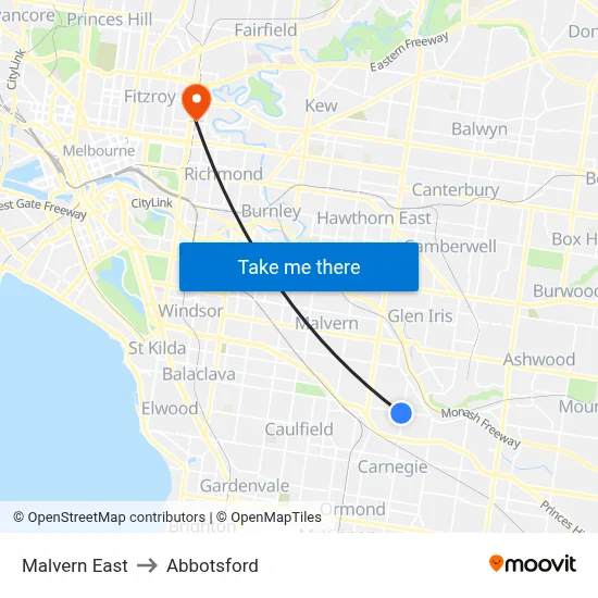 Malvern East to Abbotsford map