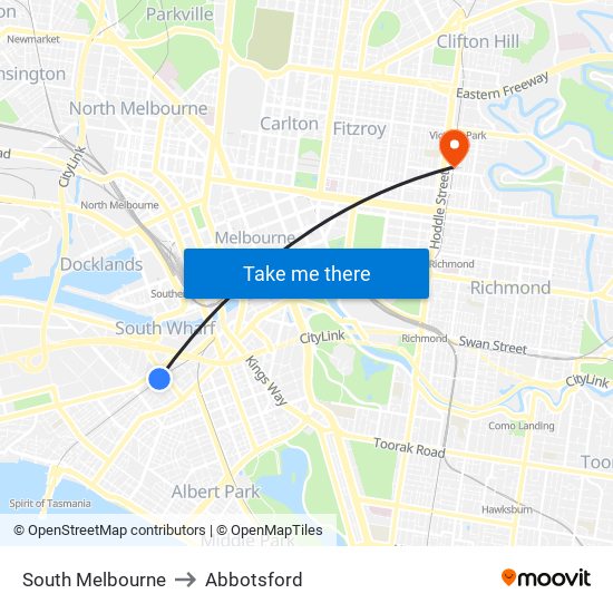South Melbourne to Abbotsford map