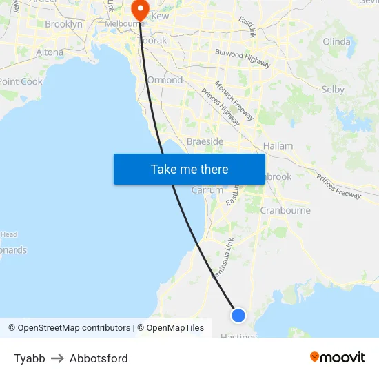 Tyabb to Abbotsford map