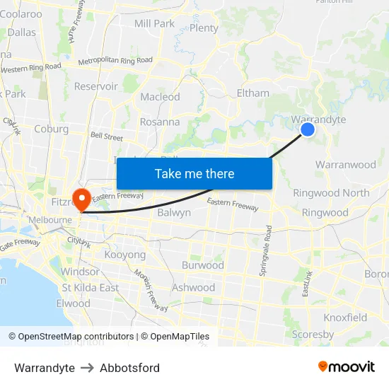 Warrandyte to Abbotsford map