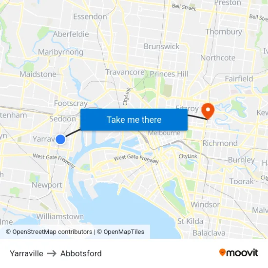 Yarraville to Abbotsford map