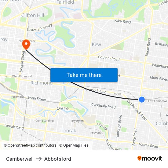 Camberwell to Abbotsford map