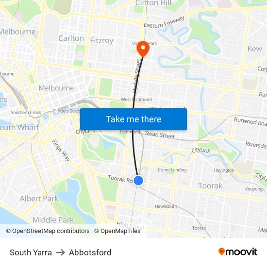 South Yarra to Abbotsford map