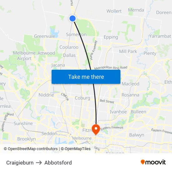 Craigieburn to Abbotsford map