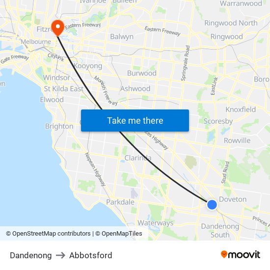 Dandenong to Abbotsford map