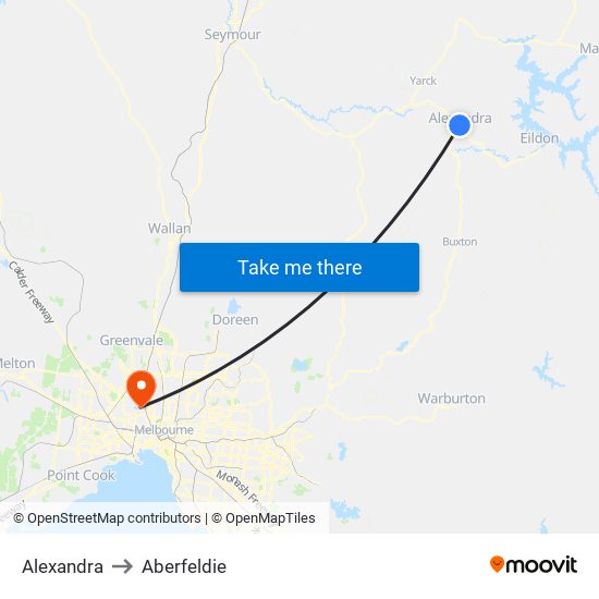 Alexandra to Aberfeldie map