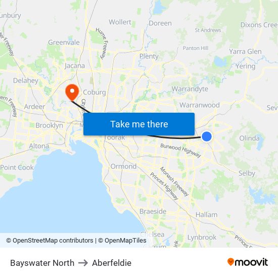 Bayswater North to Aberfeldie map