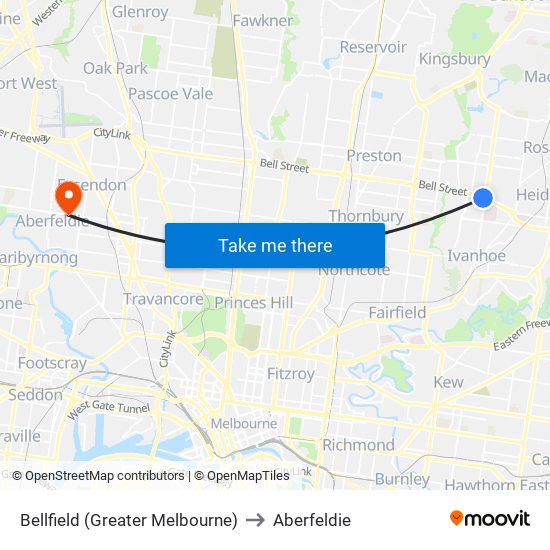 Bellfield (Greater Melbourne) to Aberfeldie map