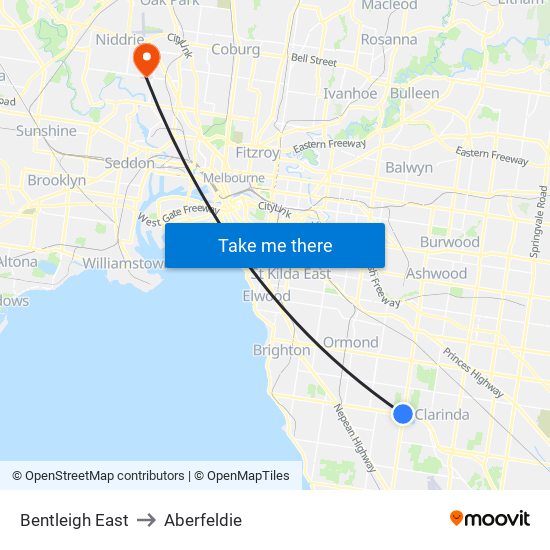 Bentleigh East to Aberfeldie map