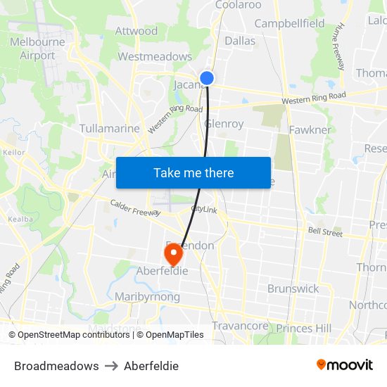 Broadmeadows to Aberfeldie map