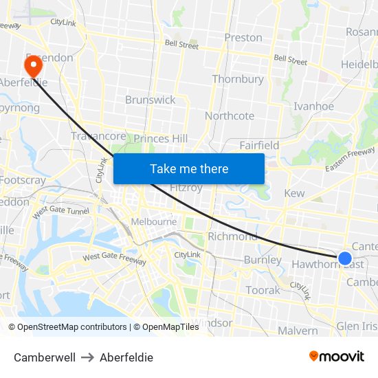 Camberwell to Aberfeldie map