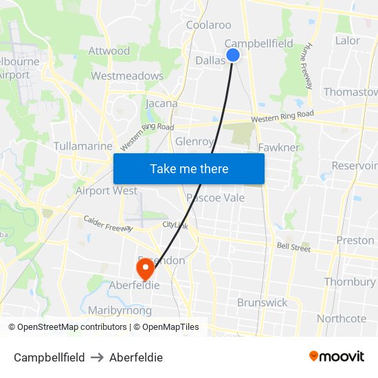 Campbellfield to Aberfeldie map