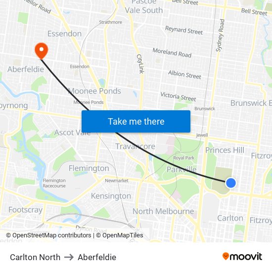Carlton North to Aberfeldie map