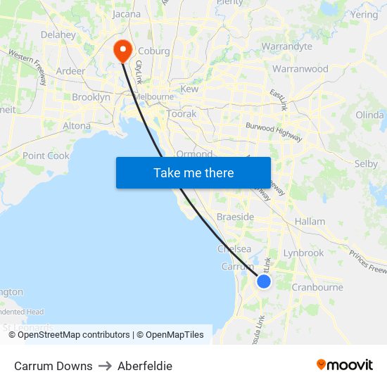 Carrum Downs to Aberfeldie map