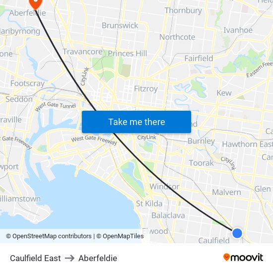 Caulfield East to Aberfeldie map