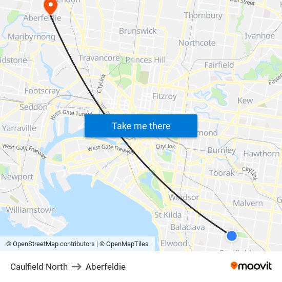 Caulfield North to Aberfeldie map