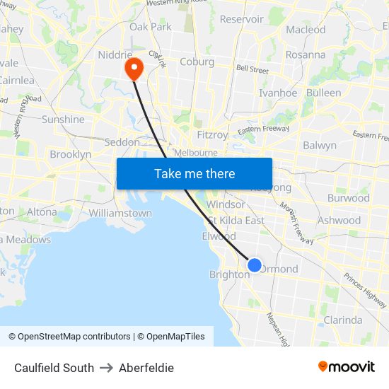 Caulfield South to Aberfeldie map