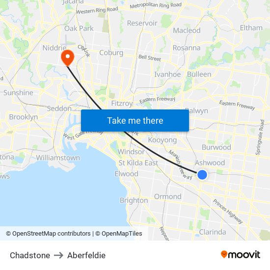 Chadstone to Aberfeldie map
