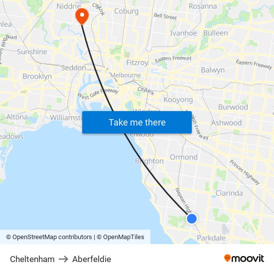 Cheltenham to Aberfeldie map