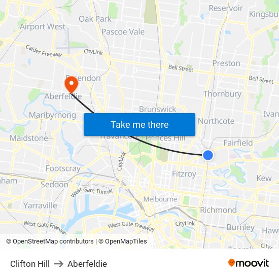 Clifton Hill to Aberfeldie map