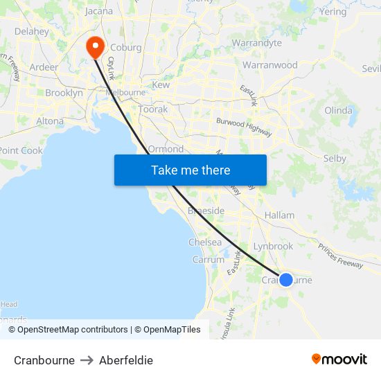 Cranbourne to Aberfeldie map