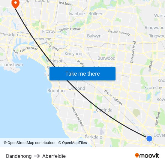 Dandenong to Aberfeldie map