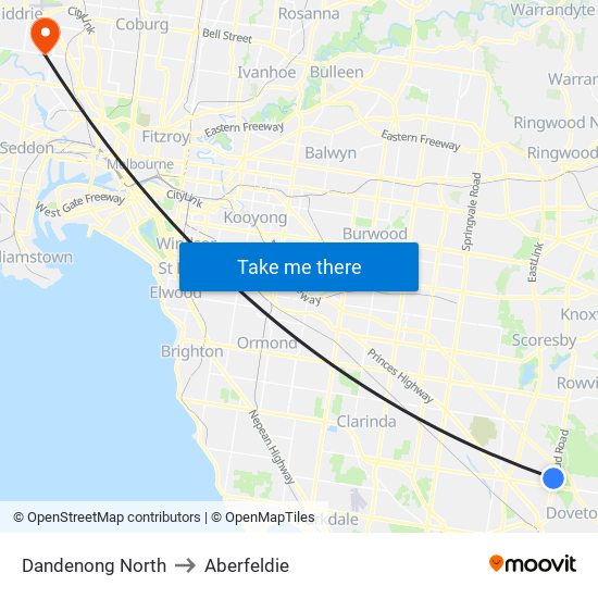 Dandenong North to Aberfeldie map