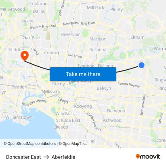 Doncaster East to Aberfeldie map