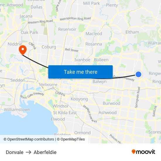 Donvale to Aberfeldie map