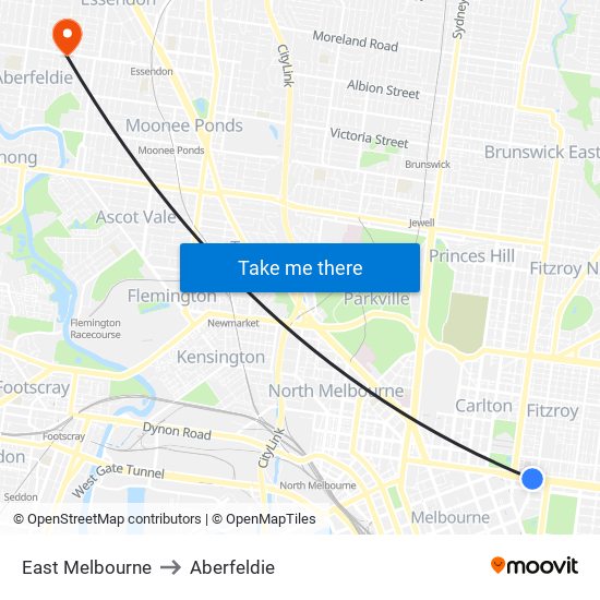 East Melbourne to Aberfeldie map