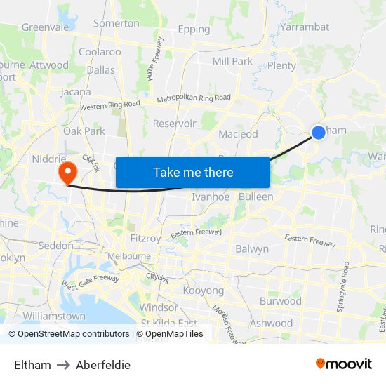 Eltham to Aberfeldie map