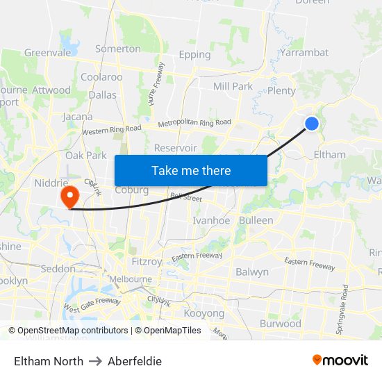 Eltham North to Aberfeldie map