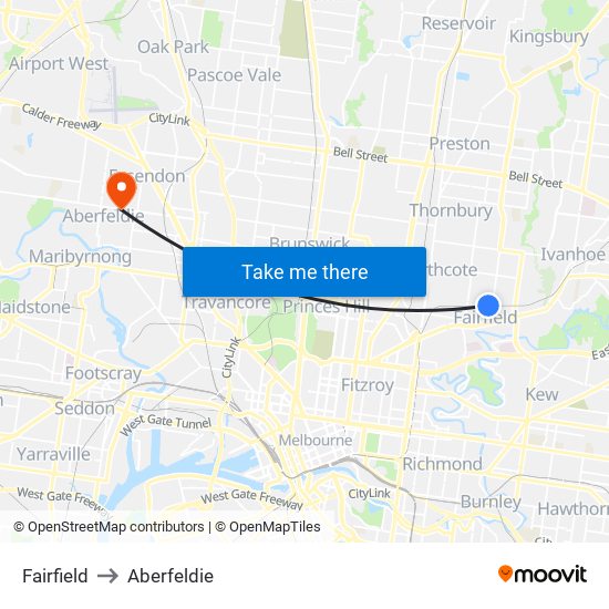 Fairfield to Aberfeldie map