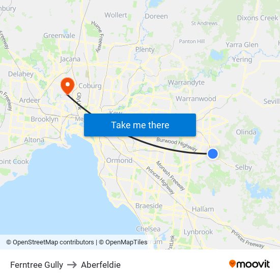 Ferntree Gully to Aberfeldie map