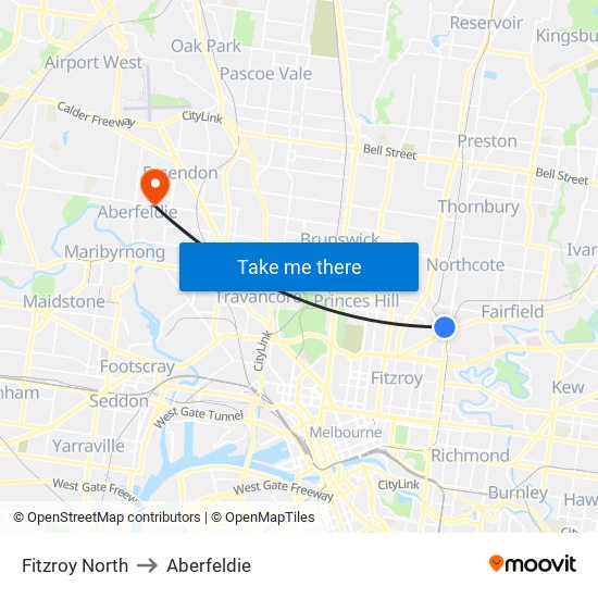 Fitzroy North to Aberfeldie map