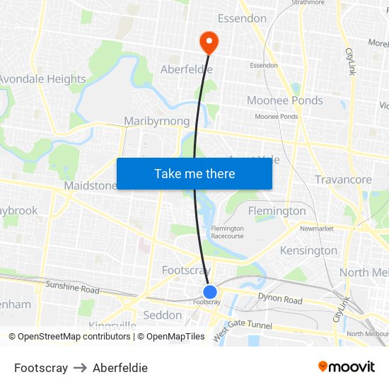 Footscray to Aberfeldie map