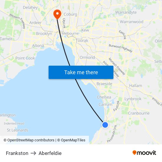 Frankston to Aberfeldie map