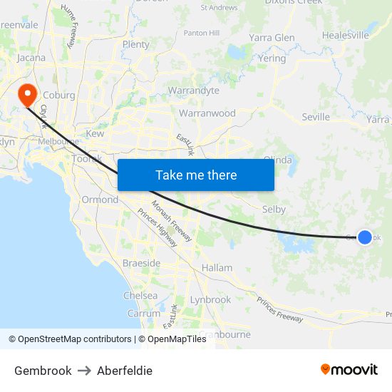 Gembrook to Aberfeldie map