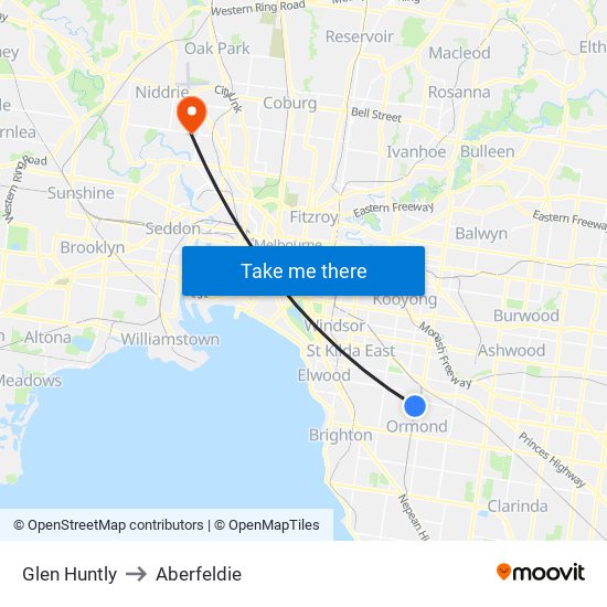 Glen Huntly to Aberfeldie map