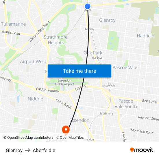 Glenroy to Aberfeldie map