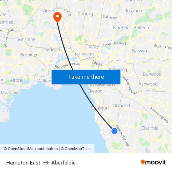 Hampton East to Aberfeldie map