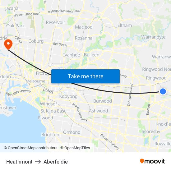 Heathmont to Aberfeldie map