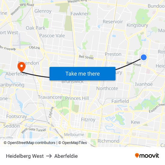 Heidelberg West to Aberfeldie map